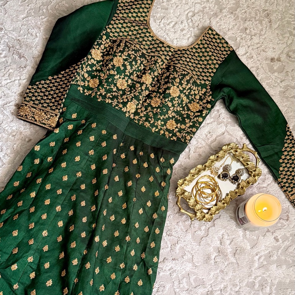 Timeless Emerald Green Katan Tissue Lehenga Gown